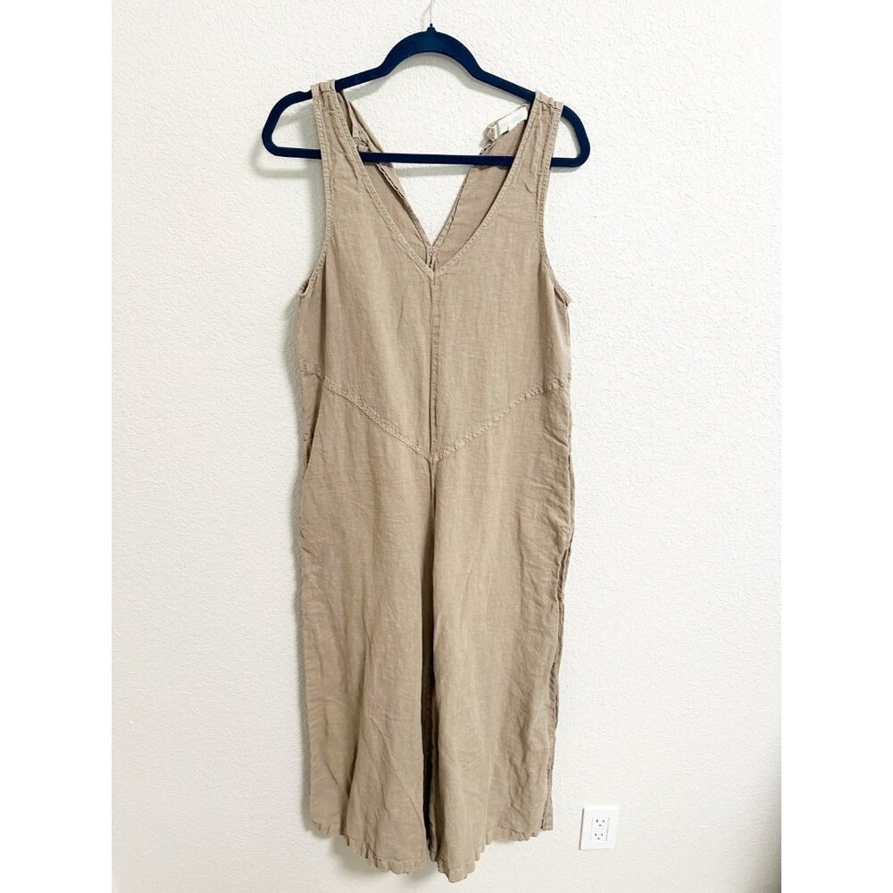 River + Sky Womens Linen‎ Jumpsuit Sleeveless Wide Leg V Neck USA Made Tan Small